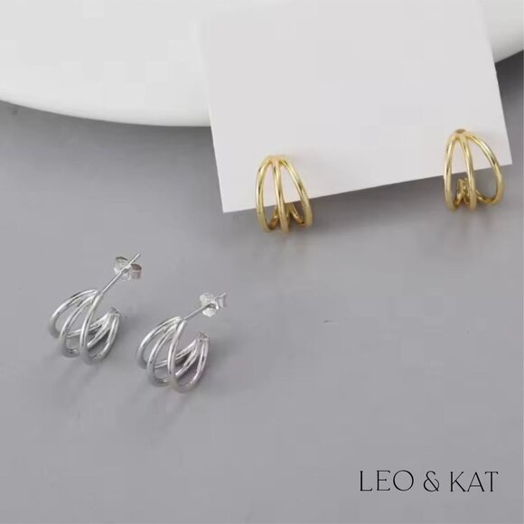 Gold Triple Loop Stud Earrings. 925 Sterling Silver. #1048 - Picture 5 of 5